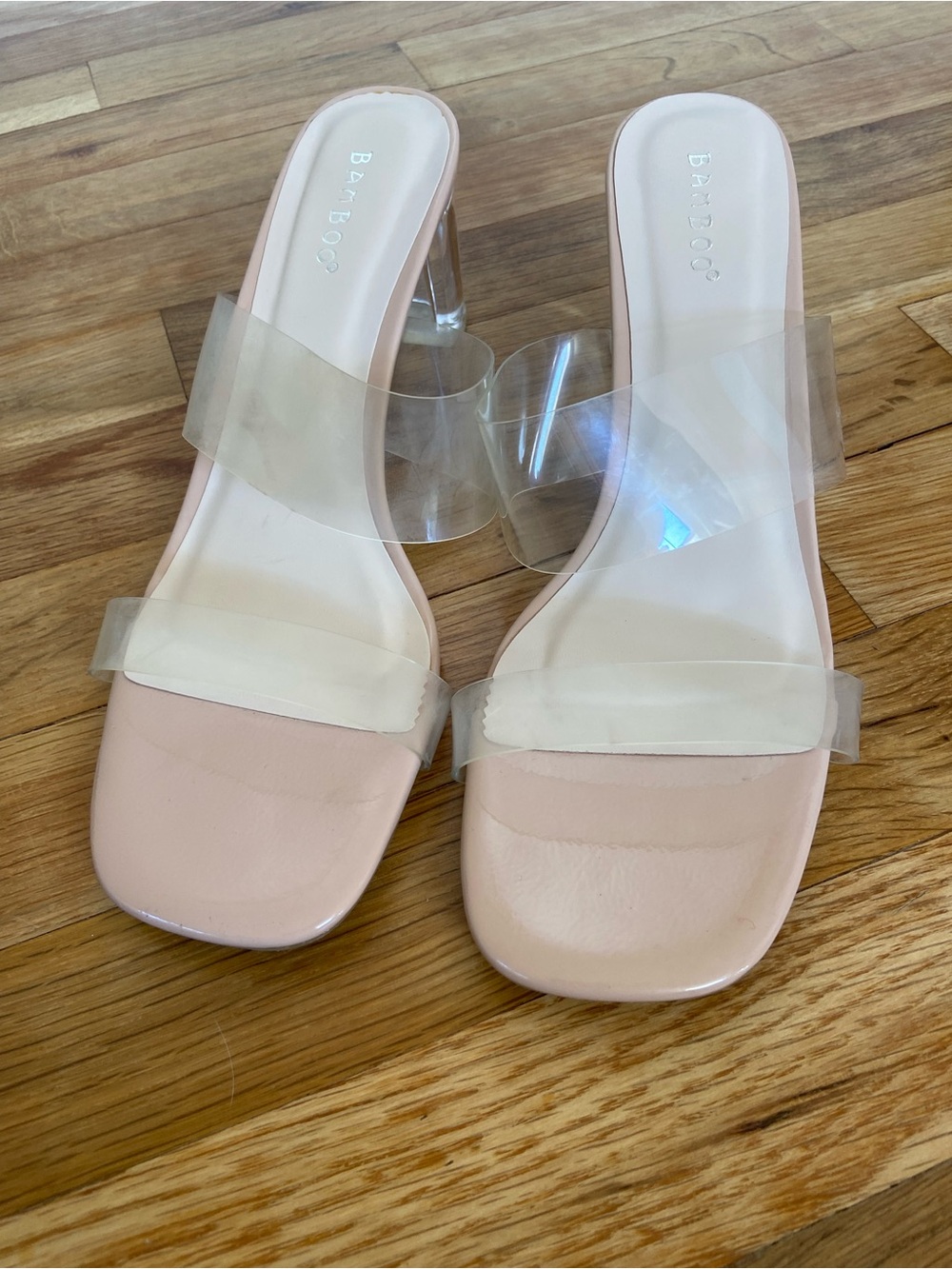 Bamboo Clear Strap Block Heel Sandals, Nude, Size 8.5